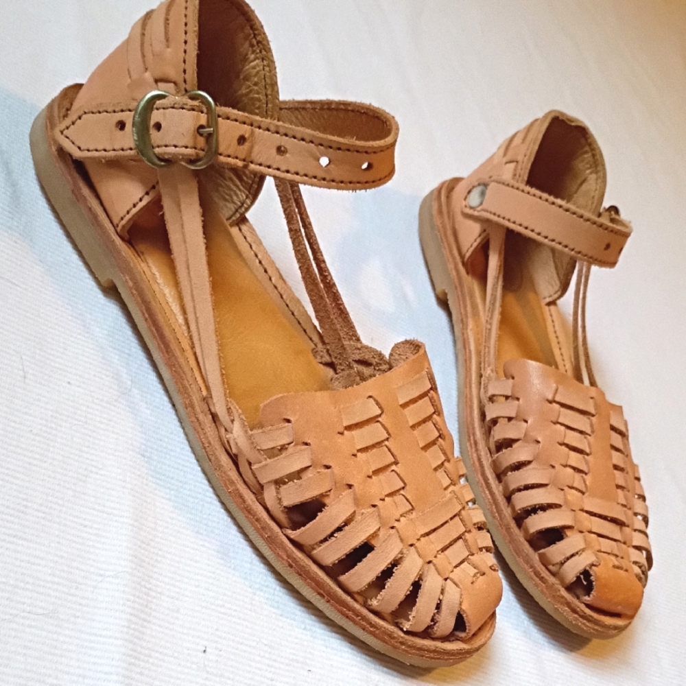 Kids Tan Leather Woven Sandals with Ankle Strap